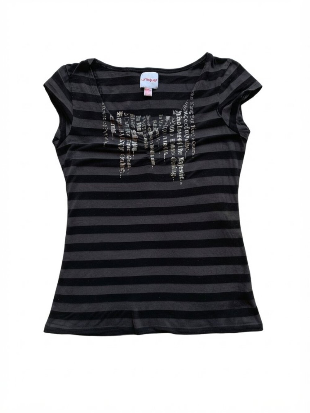ONE STEP UP - Black Striped Graphic Scoop Neck Tee Top  Y2K Goth Grunge - large